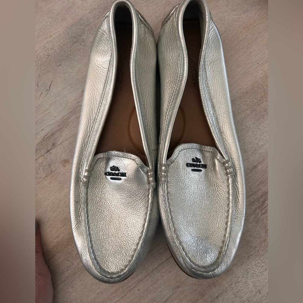 Coach Metallic Silver Leather Driving Loafers